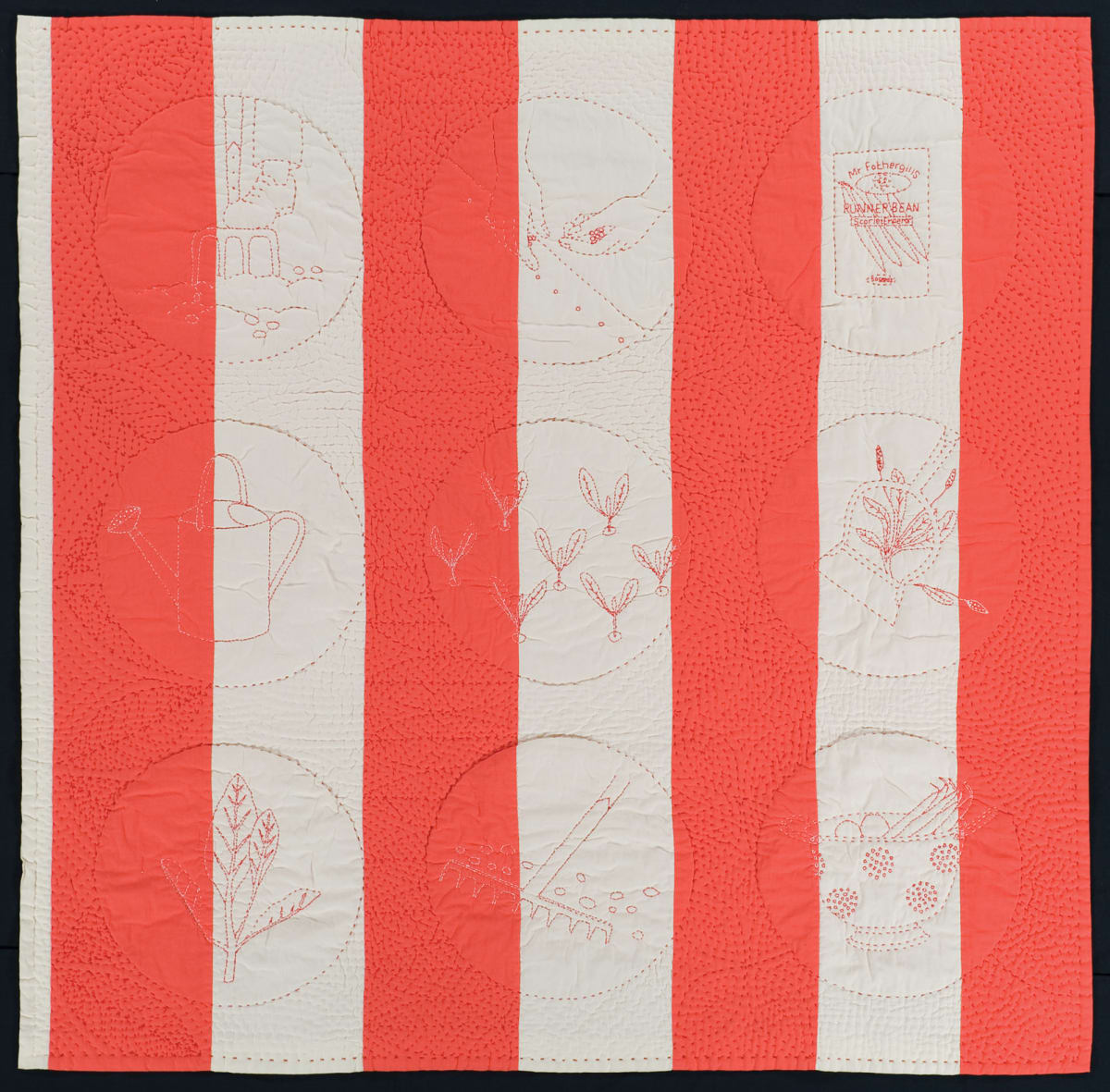 Artwork by Lynn Setterington (red and white striped quilt with red embroidery)