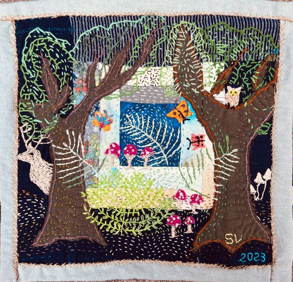 Susana Vizcarra - Enchanted Forest (densely stitched forest scene with trees, deer, mushrooms, and butterflies)