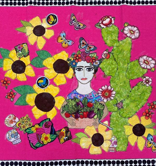 Sandi daRoza - Folklore (Mi Mexico) a woman with a flower crown holds a basket of vegetables. She is surrounded by flowers, butterflies, birds, and sugar skulls on a hot pink background.