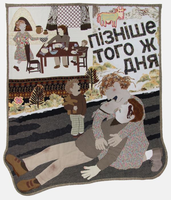 Karol Kusmaul - Later That Same Day an illustration in shades of brown of a woman enjoying breakfast with her family, below, the same woman finds her husband dead in the street.