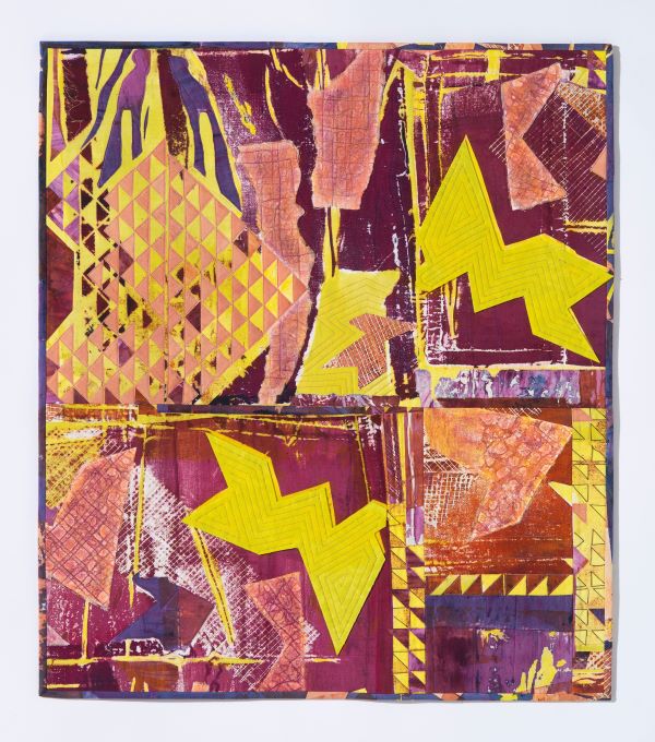 Ileana Soto - On the Wings of Freedom (abstract, geometric art quilt with lots of angles and triangles in yellow and magenta tones)