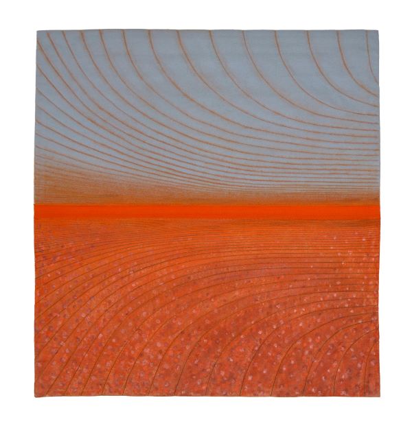 Dianne Firth - Reflections on Lake George (an abstract landscape with curving lines. The horizon glows orange)