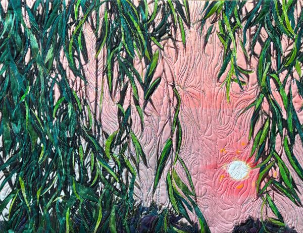 Jody Larson - Sunrise through the Willow (pink sunrise shines through green leaves)