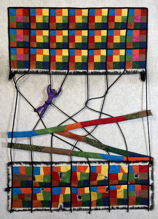 Heather G. Stoltz - Tangled in the Time Between (a figure is tangled in cords between two patchwork segments. The top is an orderly 9-patch, the bottom 9-patch has crooked lines and some frayed holes)