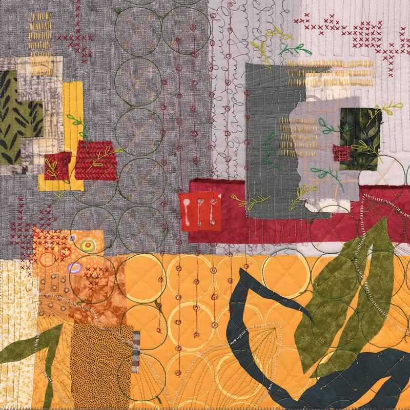 Deborah Boschert - Unoccupied (stitchwork, surface design, and leaves on a background of mustard and gray)