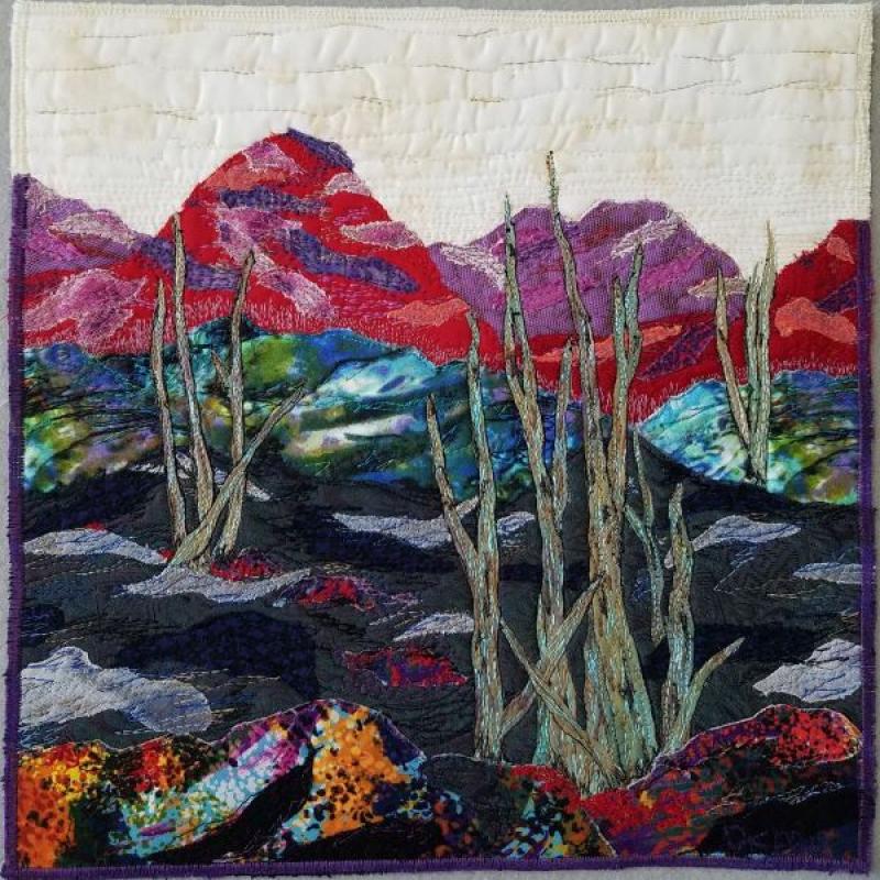 Dorothy Raymond - Wasteland - a landscape with distant mountains in red and purple. Some weeds grow in the foreground.