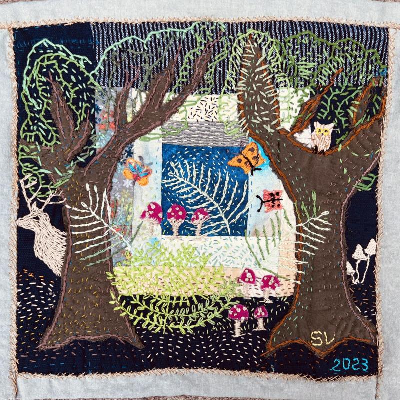 Susana Vizcarra - Enchanted Forest (densely stitched forest scene with trees, deer, mushrooms, and butterflies)