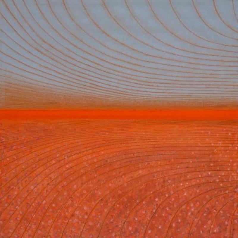 Dianne Firth - Reflections on Lake George (an abstract landscape with curving lines. The horizon glows orange)