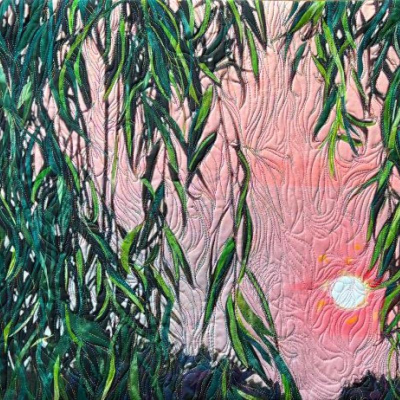 Jody Larson - Sunrise through the Willow (pink sunrise shines through green leaves)