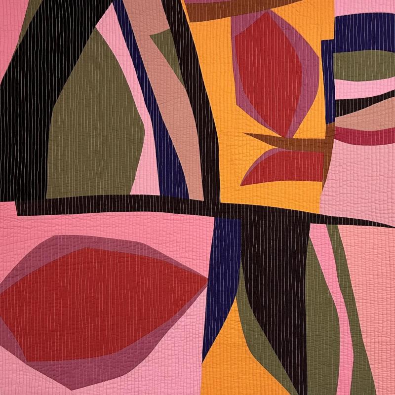 Artwork by Shari Werner (an abstract with large shapes in red, green, mustard and blue on a pink ground)